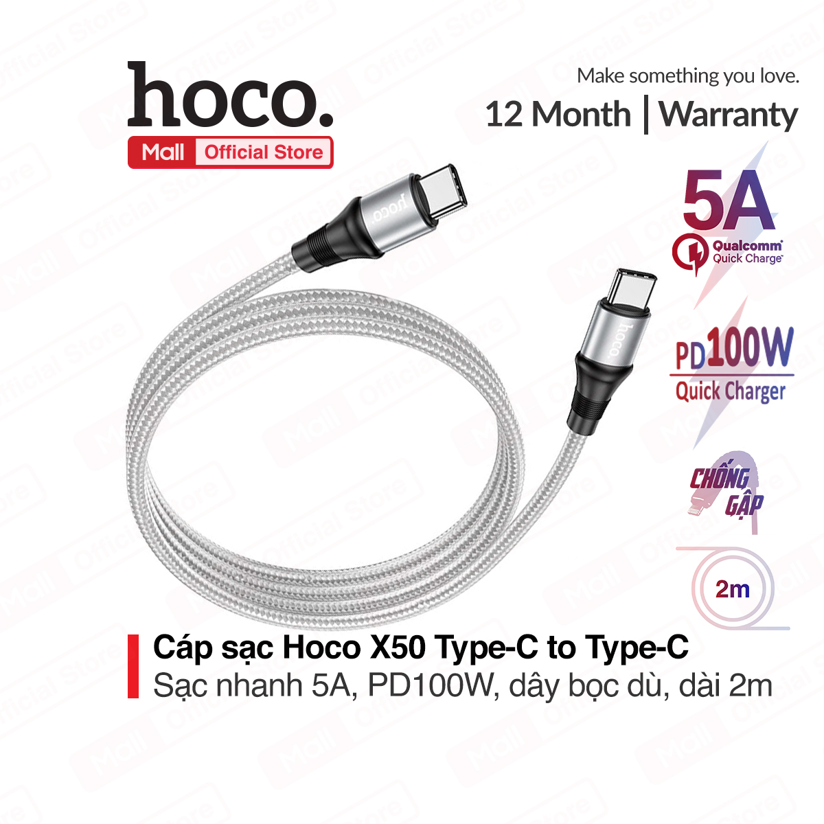 [ Mã giảm giá 60k cho đơn hàng từ 400k ] Cáp sạc nhanh HOCO X50 Type-C to Type-C sạc nhanh 20V/5A công suất 100W dây bọc dù đầu sạc chống gãy gập dài 100cm/200cm