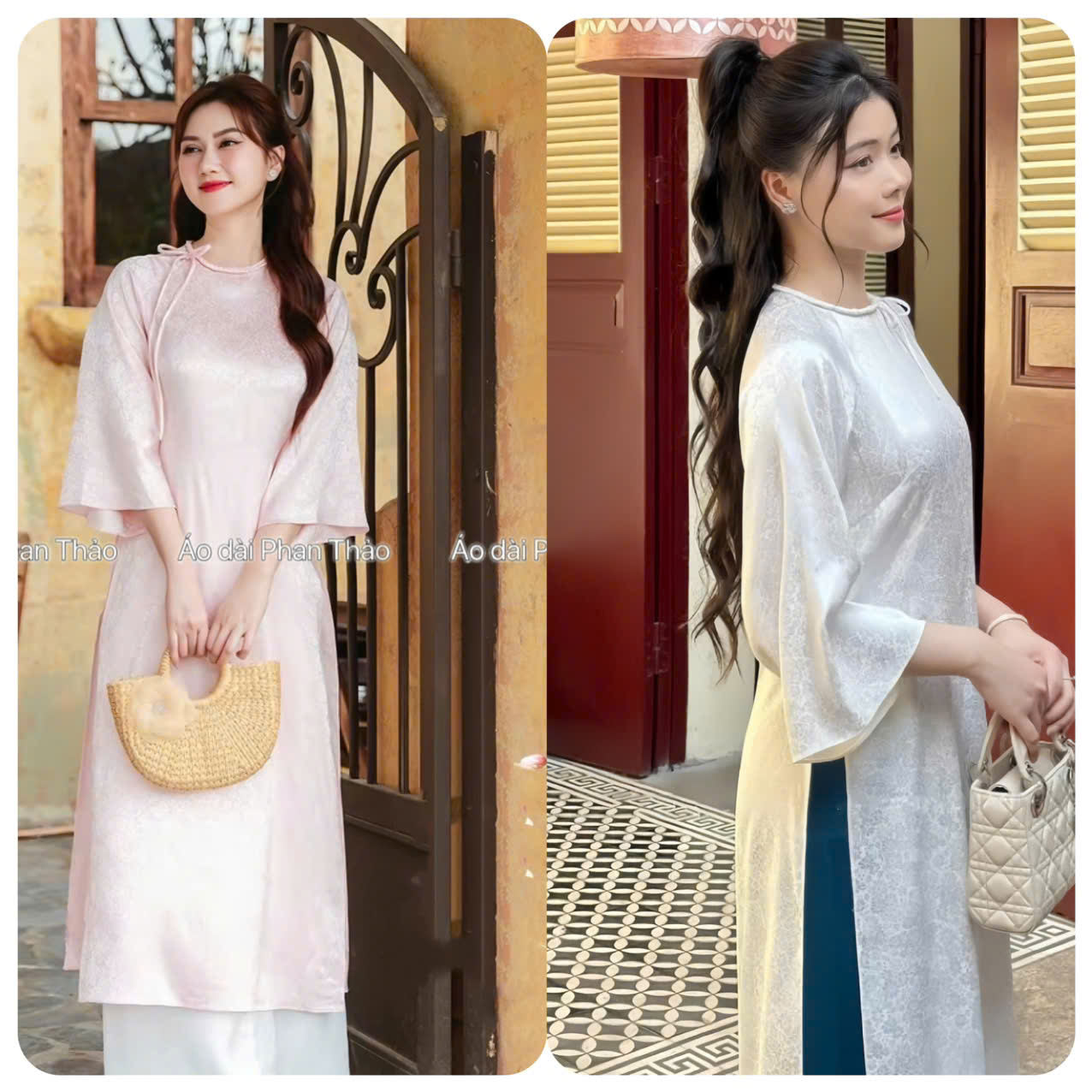 Áo dài cách tân lụa gấm cổ tết màu trắng dáng suông