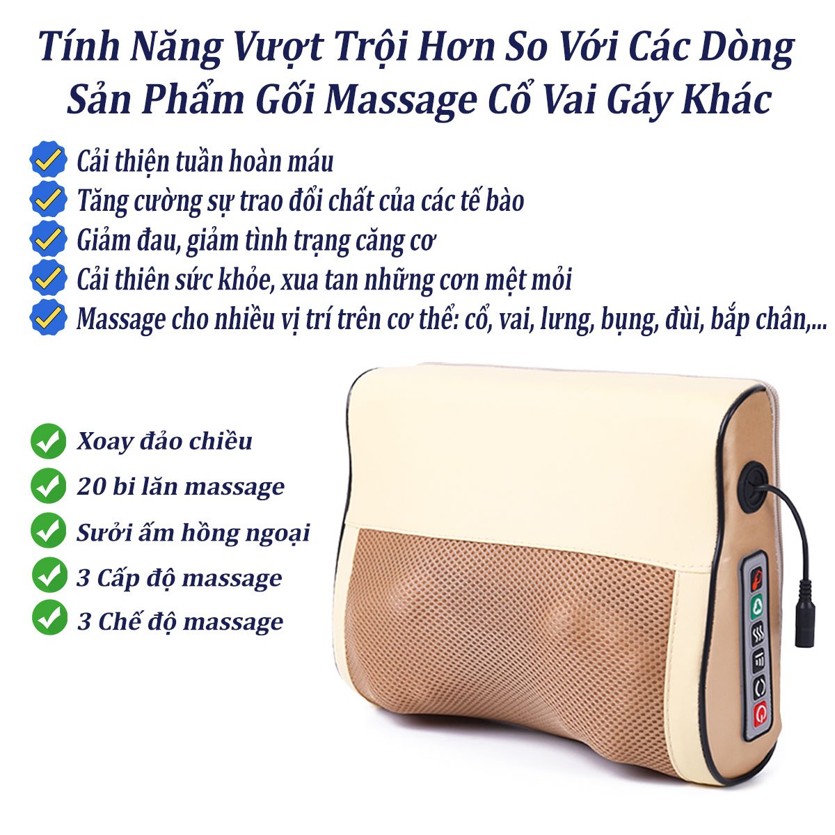 Gối massage hồng ngoại máy mát xa cổ vai gáy 24 bi có tính năng đảo chiều và tự động ngắt khi không sử dụng