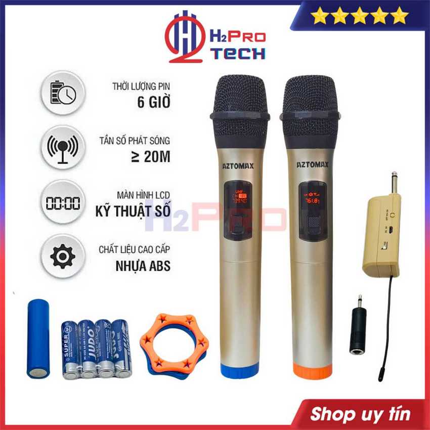 Micro Không Dây Loa Kéo V10/Aztomax, Mic Đôi Hát Karaoke Cho Mọi Âm Ly, Hát Nhẹ Và Êm, Tặng Pin Sạc - H2pro Tech