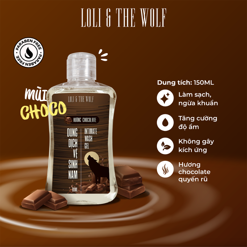 Dung dịch vệ sinh nam giới hương Chocolate lành tính, dịu nhẹ, thiên nhiên chai 80ml nhỏ gọn - LOLI & THE WOLF nhập khẩu
