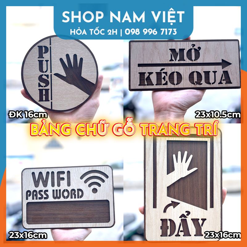 Bảng Gỗ Decor Trang Trí Nhiều Nội Dung Pull, Push, Open, Wifi