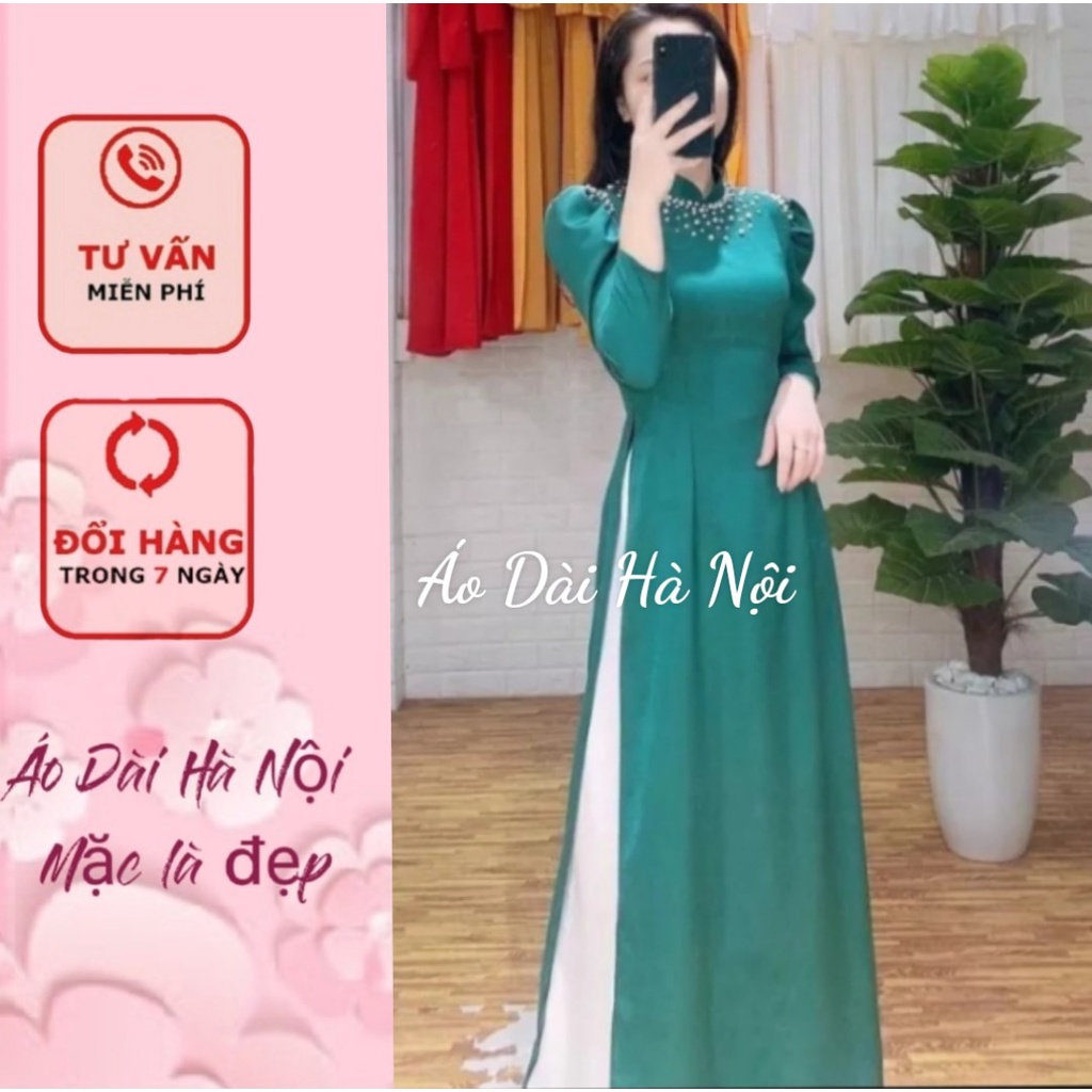 [Giá xưởng} Áo dài lụa cao cấp màu xanh cổ vịt đính ngọc tay phồng - Áo Dài Hà Nội