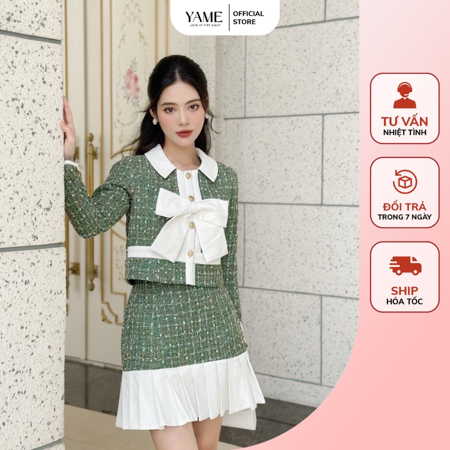 Váy dạ tweed kèm áo dạ dày dặn 2 lớp ys101 haruna dạ xanh yame