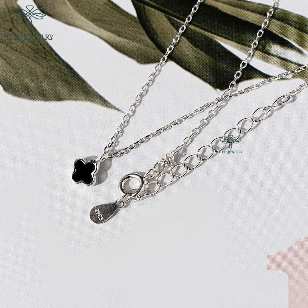 Dây chuyền bạc nữ TLEE mẫu cỏ bốn lá đá đen mini basic bạc 925 cao cấp TleeJewelry D0149