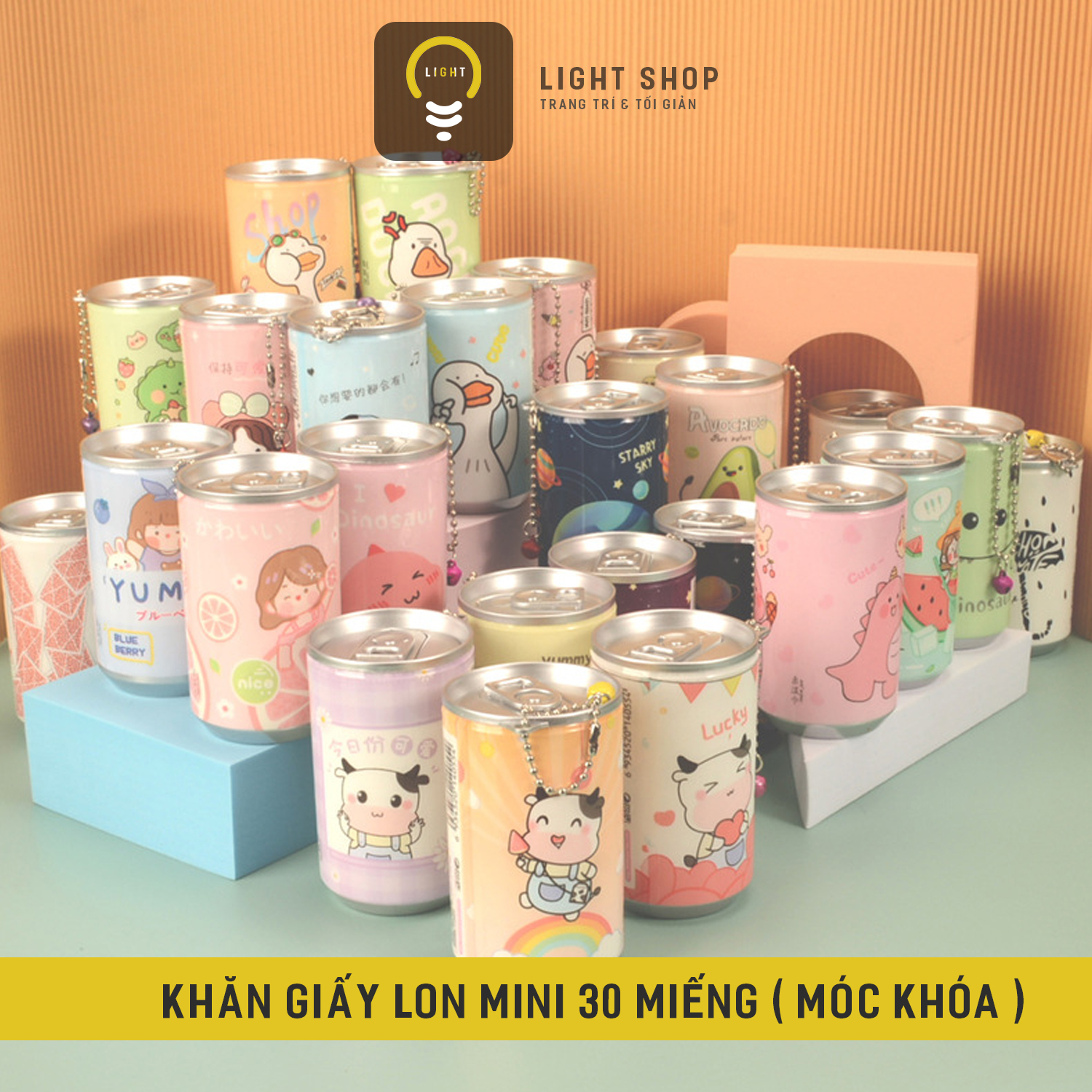 Lon 30 khăn giấy ướt dễ thương có dây móc khoá- khăn ướt du lịch dạng lon