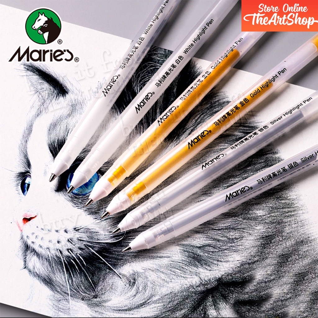 Bút gel Marie's Trắng, nhũ Vàng, nhũ Bạc