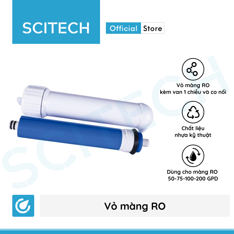 Vỏ màng RO máy lọc nước (Kèm van 1 chiều và co nối, dùng cho màng RO 50-200 GPD) - Scitech Water