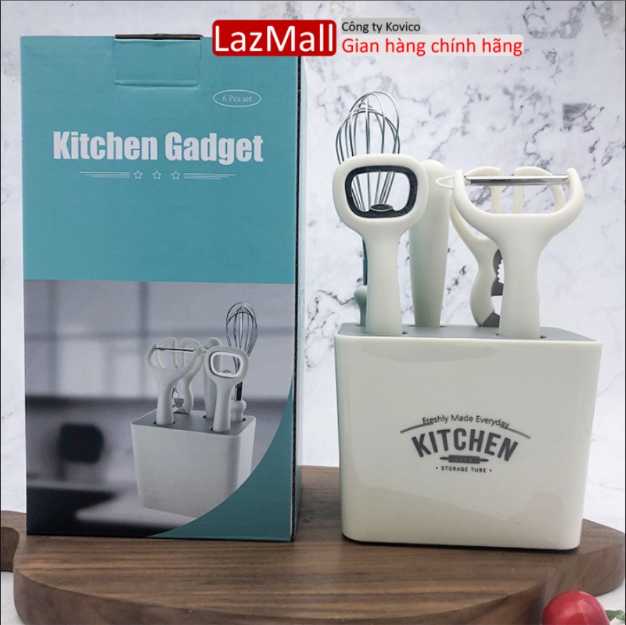 Dụng cụ nhà bếp thông minh,dụng cụ nhà bếp hiện đại,bộ dụng cụ nhà bếp 6 món cao cấp,đủ món nấu ăn làm bếp - dao, nạo, mở nắp bia, kéo, đánh trứng và kệ nhỏ gọn tiện lợi