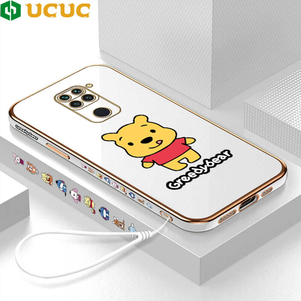 (Free Lanyard) UCUC Casing Case For Xiaomi Redmi 9C Note 9 8A 8 Mi 10 Pro redmi9c note9 Case Cute Cartoon Pooh Panda Square Edge Plated Phone Shell Luxury Plating Soft Phone Case