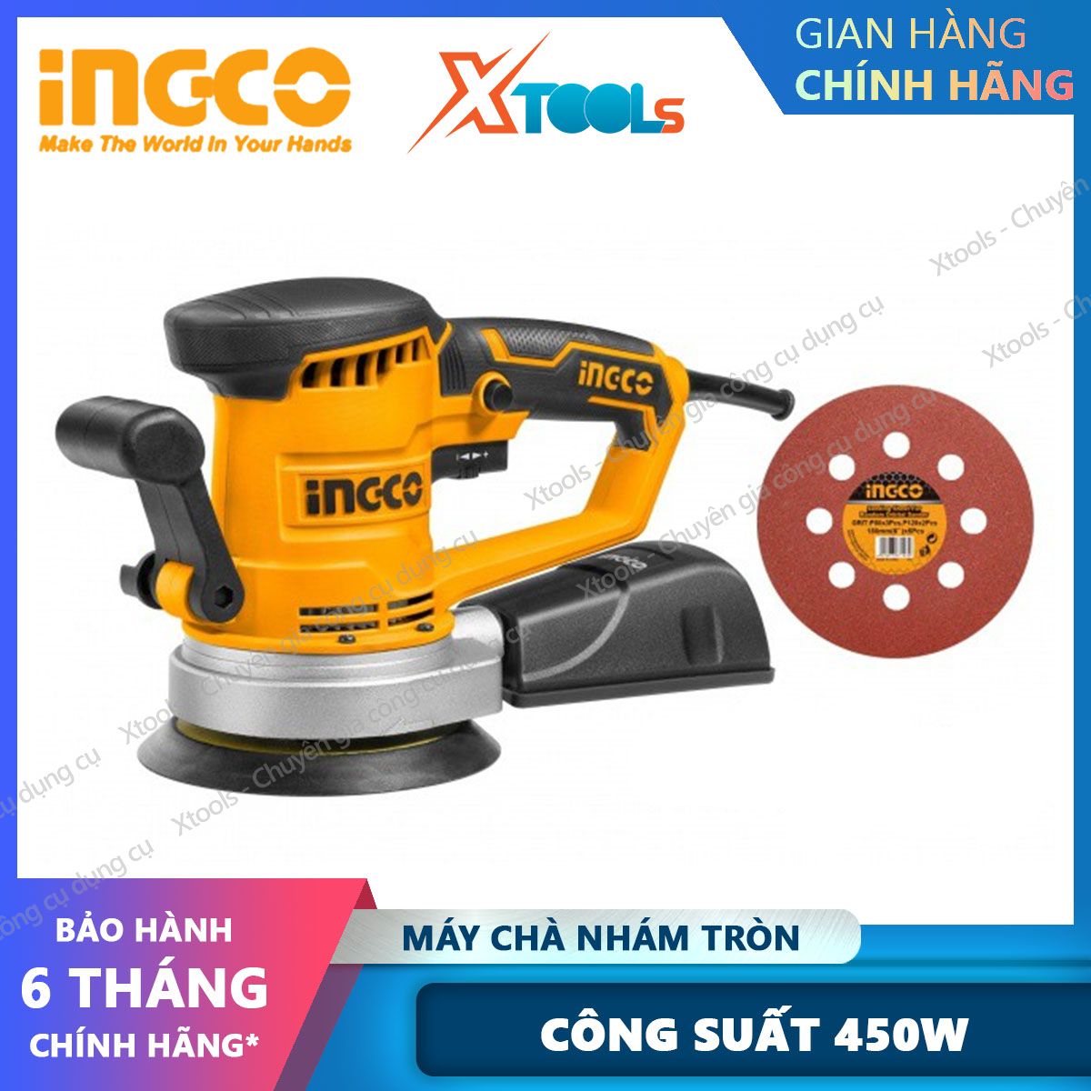 Máy chà nhám tròn INGCO RS4508 450W máy chà cầm tay chất liệu cao cấp, bền bỉ, tốc độ thay đổi, kèm theo miếng chà nhám