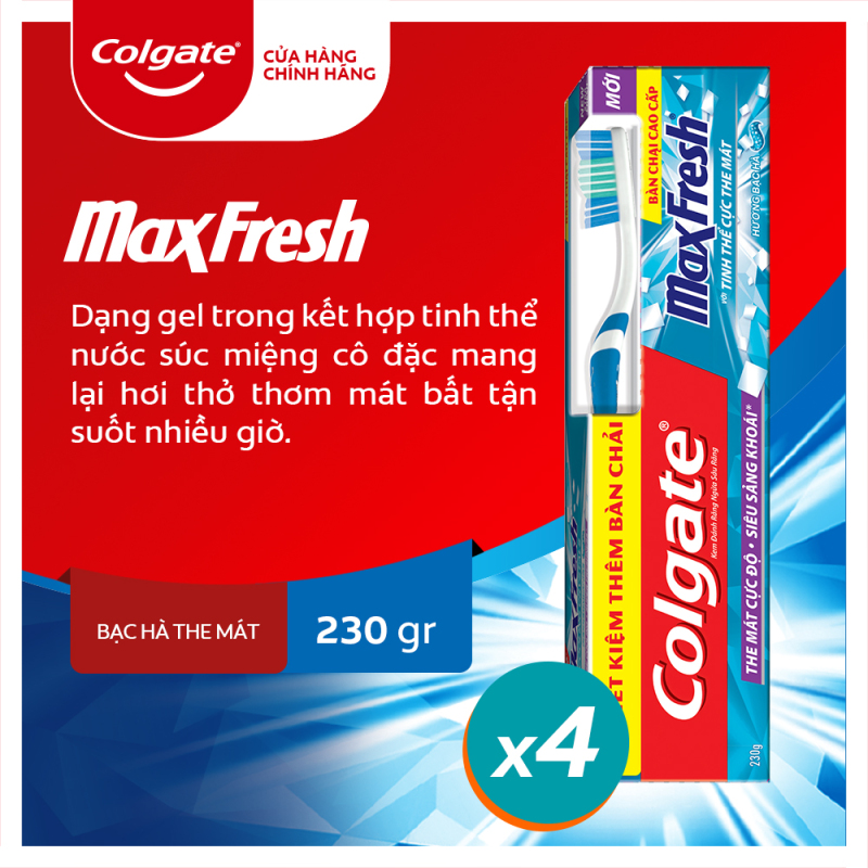 Bộ 4 Kem đánh răng Colgate bạc hà the mát Maxfresh 230g/tuýp tặng bàn chải đánh răng lông mềm nhập khẩu