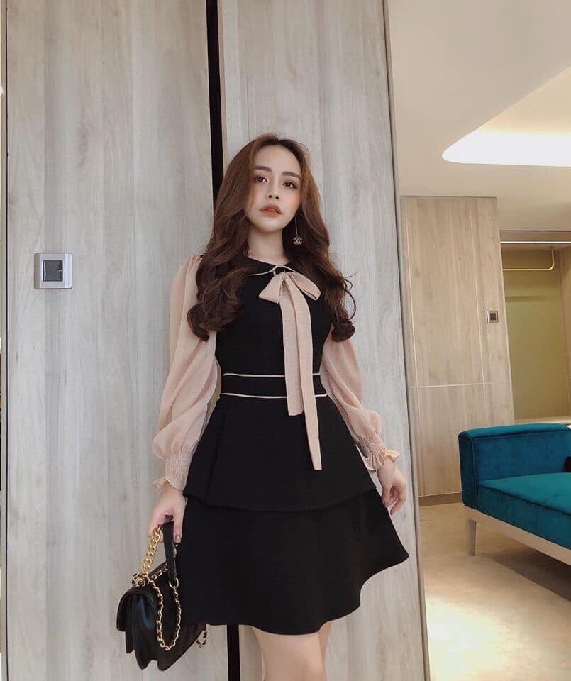 Đầm đen phối tay voan cổ bẻ kết hợp nơ thời trang TTSA0116