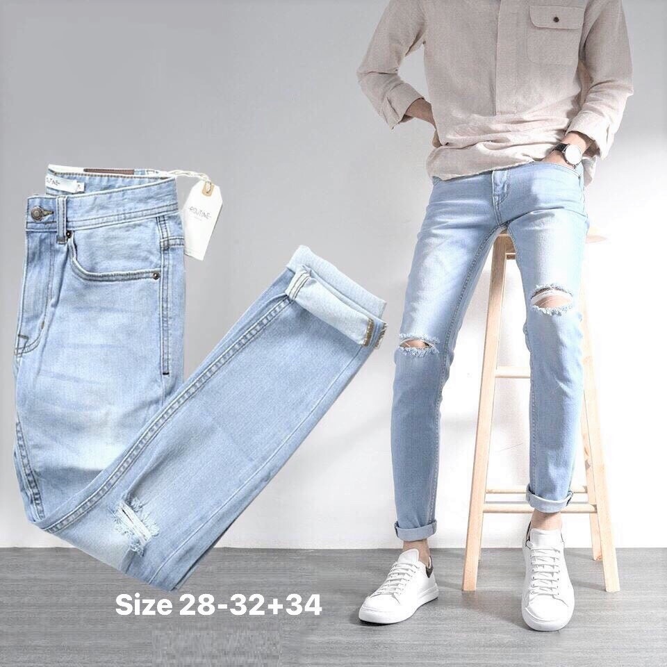 Quần jean nam cao cấp MÀU XANH BẠC RÁCH GỐI không xù lông, không ra màu, chất giãn tốt FF1-11