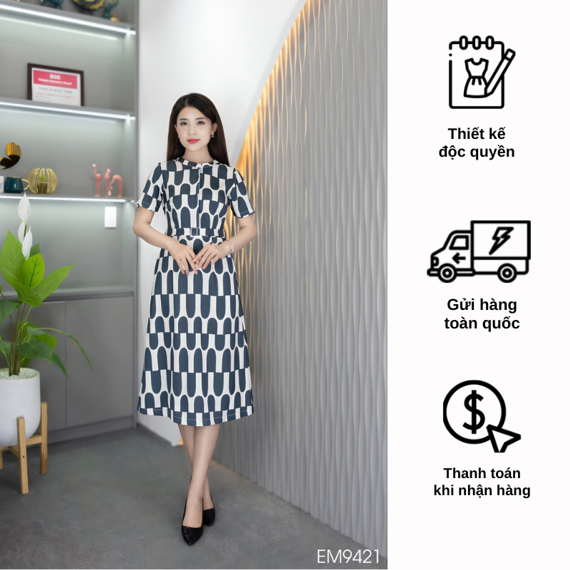 Đầm emy em9421 a ô lập thể xanh đen