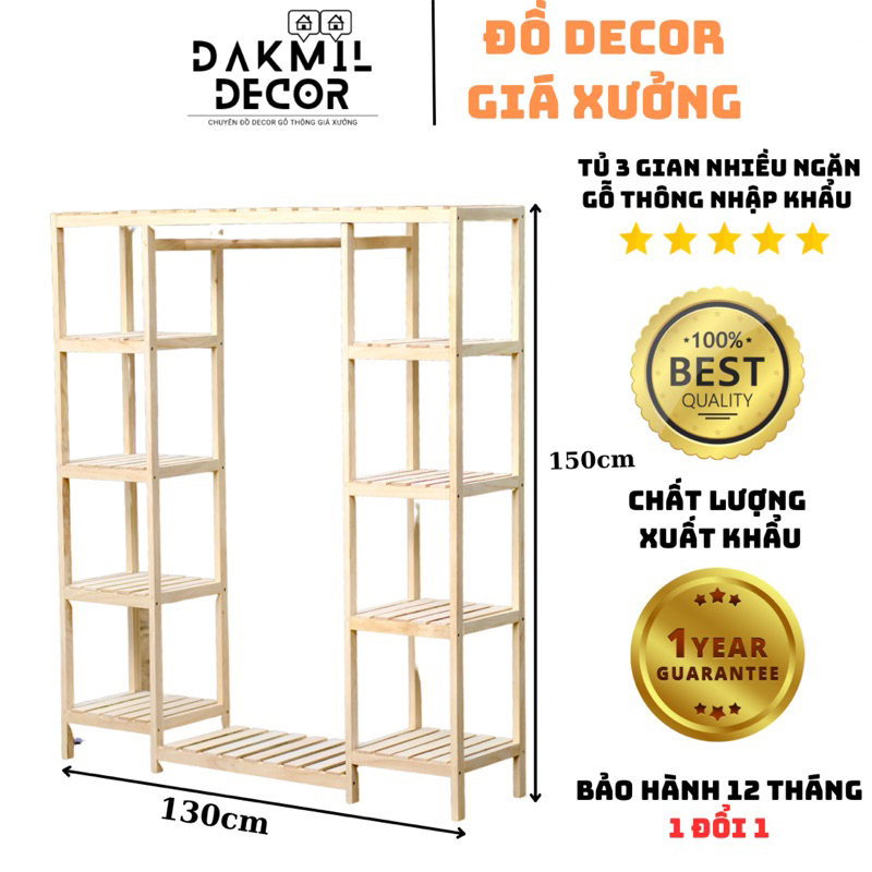 Tủ 3 Gian Nhiều Ngăn Gỗ Thông Nhập Khẩu Cao Cấp