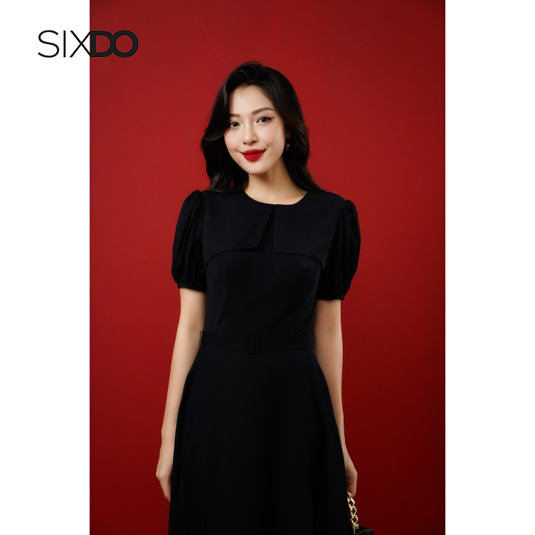 Đầm lụa đen phối đai sixdo