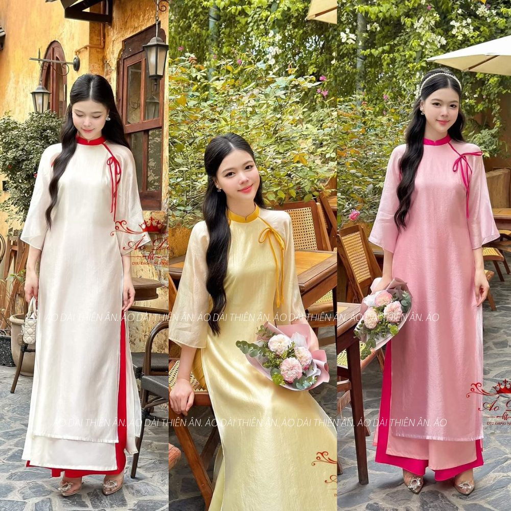 Áo dài cách tân 4 tà tơ óng vải mềm tay lỡ phối nơ vai