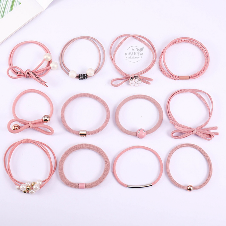 [HCM]Set 12 thun cột tóc Hàn Quốc dễ thương - Gồm hộp (Màu hồng)