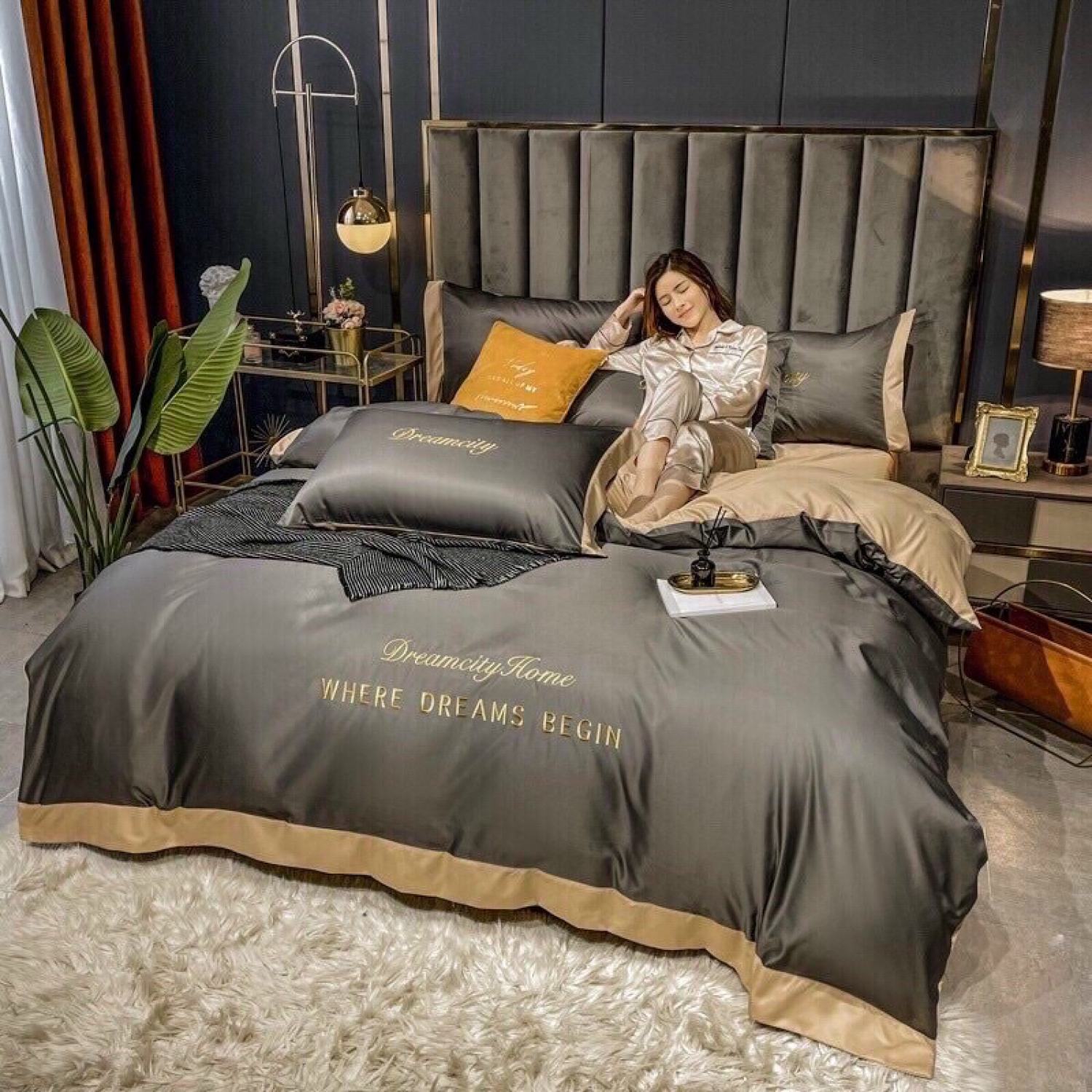 Chăn ga gối Duo Decor phi lụa set 4 món Dream City phối 2 màu ( có tặng vỏ ôm )