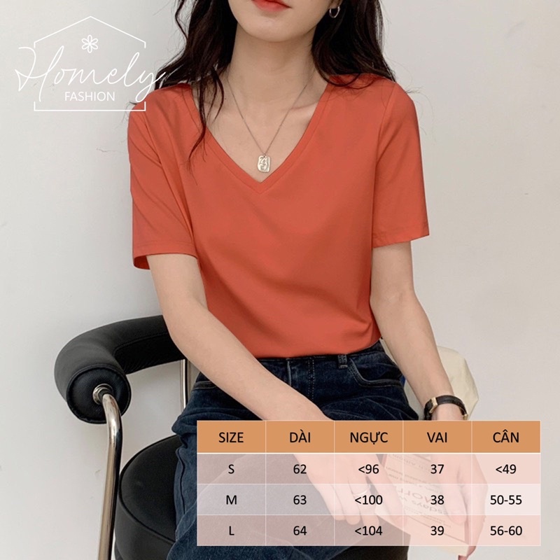 Áo thun nữ trơn cổ tim ngắn tay dáng suông cotton basic đẹp trắng Homely cao cấp áo phông nữ cổ V cộc Siêu xinh