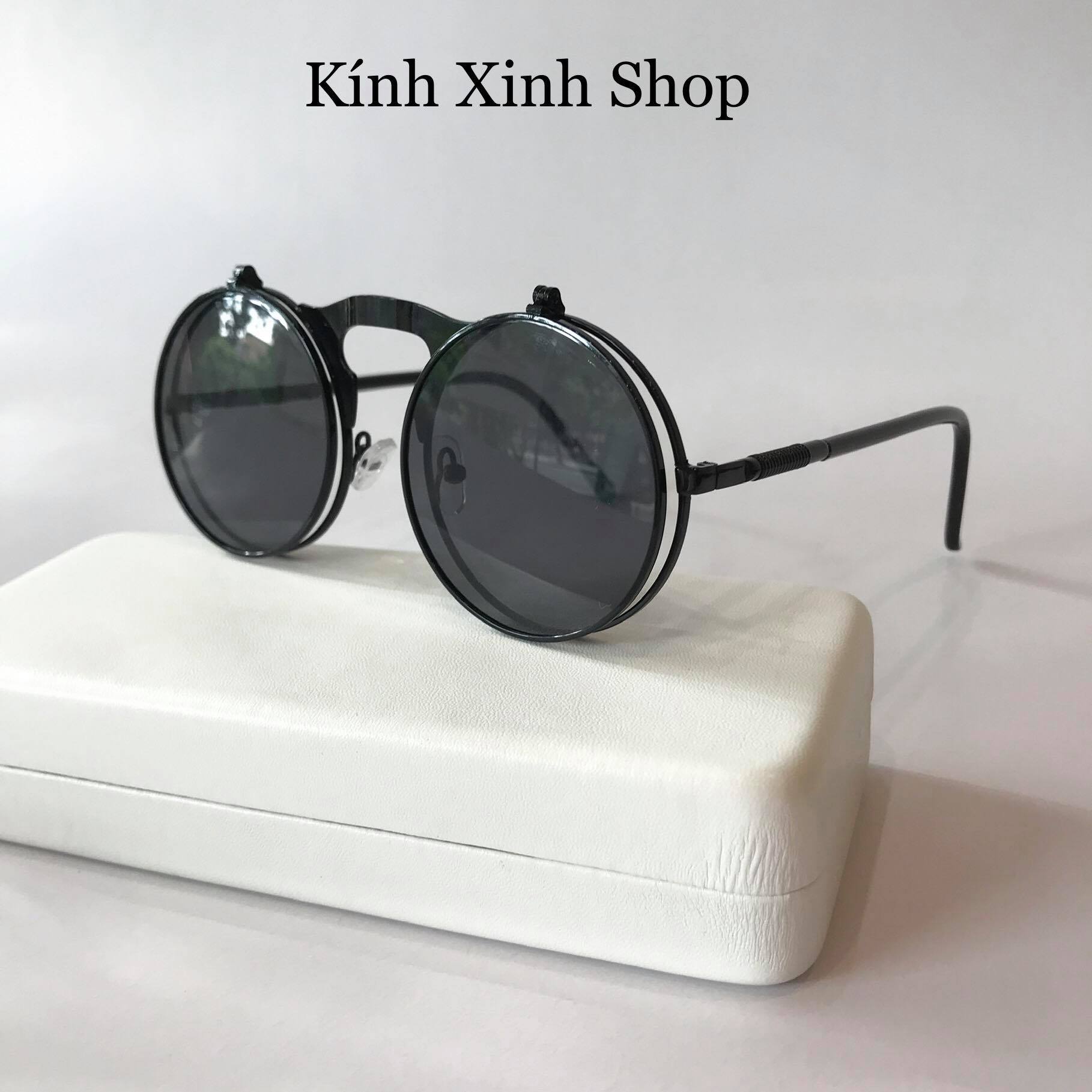Kính râm, Kính mát Nam Nữ Mắt tròn thầy bói 2 tròng bật nắp Cao cấp