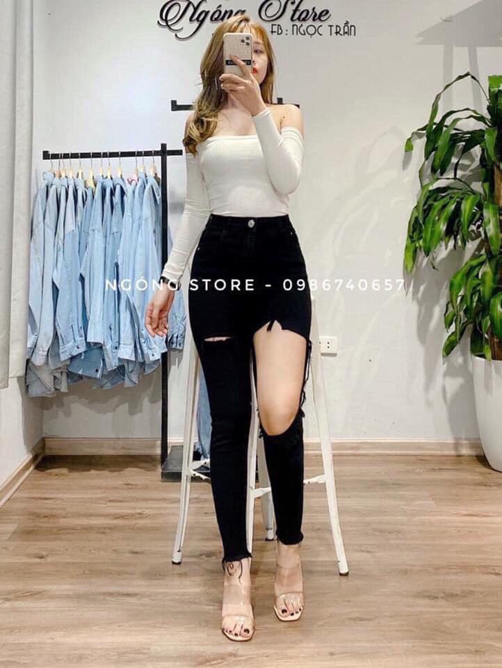 Quần jeans nữ ôm giãn rách đùi cá tính AD22
