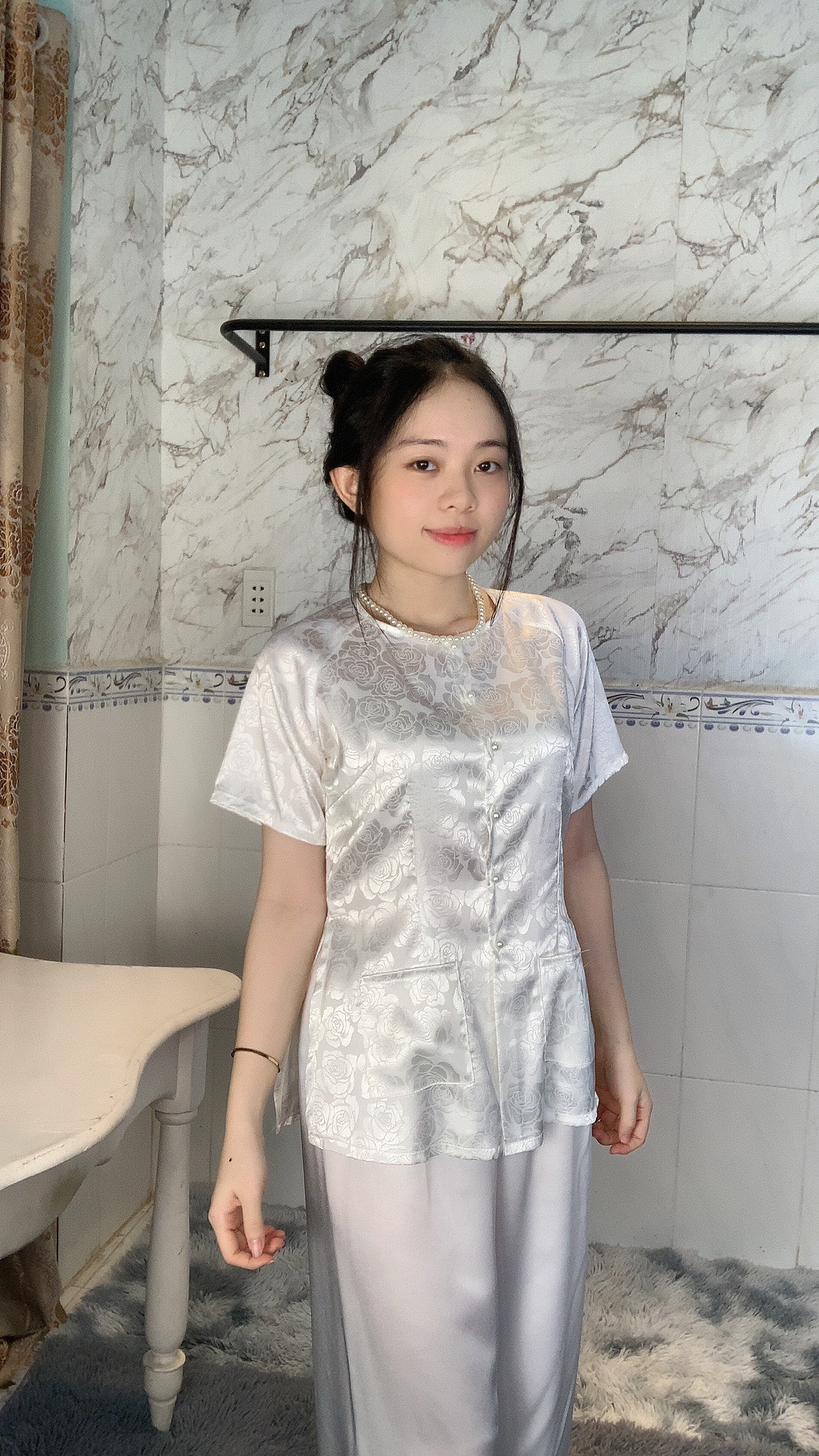 Sét bà ba tay ngắn gấm hoa có túi