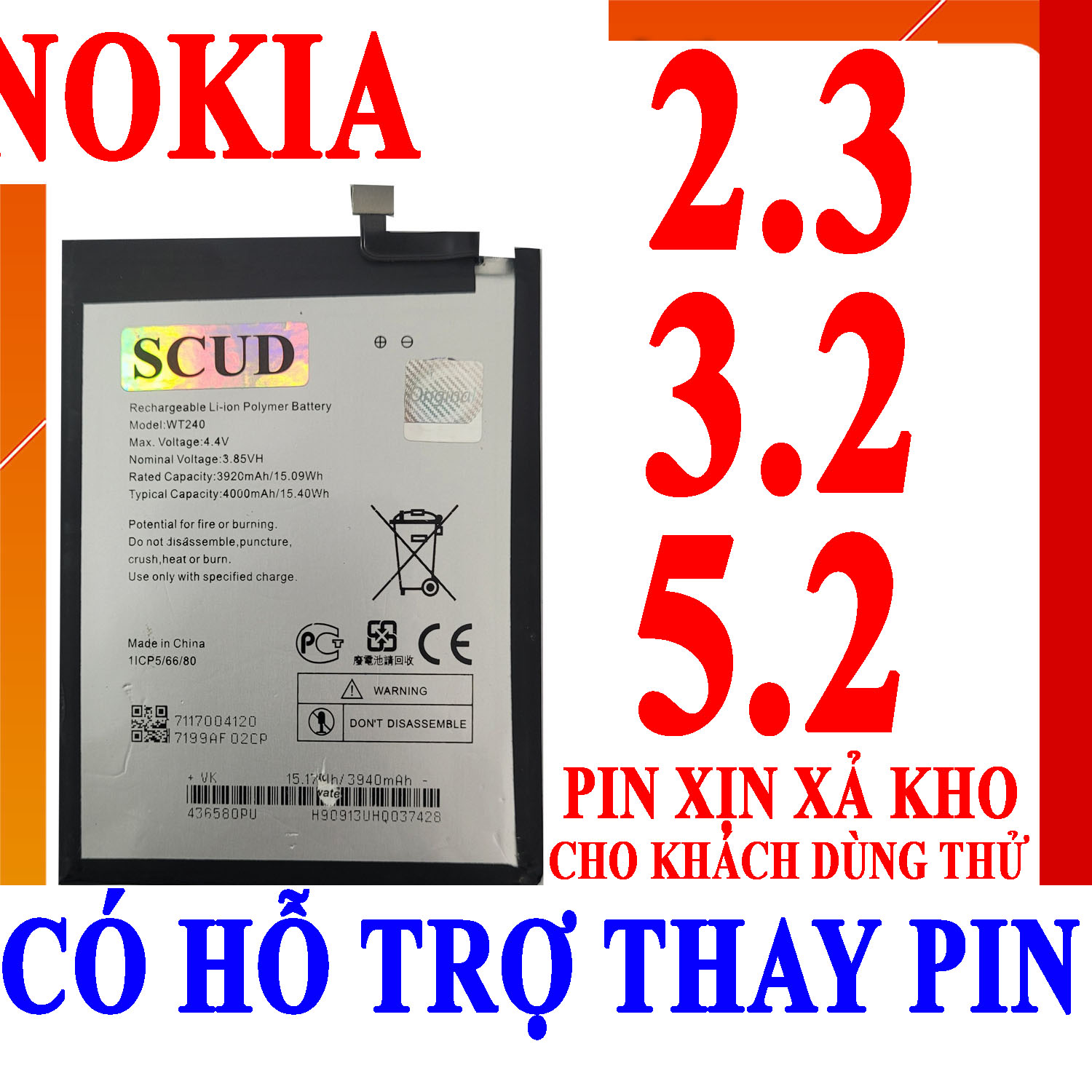 Pin Scud cho Nokia 3.2, Nokia 2.3, Nokia 5.2, WT240 dung lượng 4000mAh (Trắng)