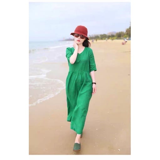 Đầm linen cổ tim nhún eo tay lỡ [ chất linen bột thoáng mát thấm hút mồ hôi+ tặng kèm dây nơ eo ]