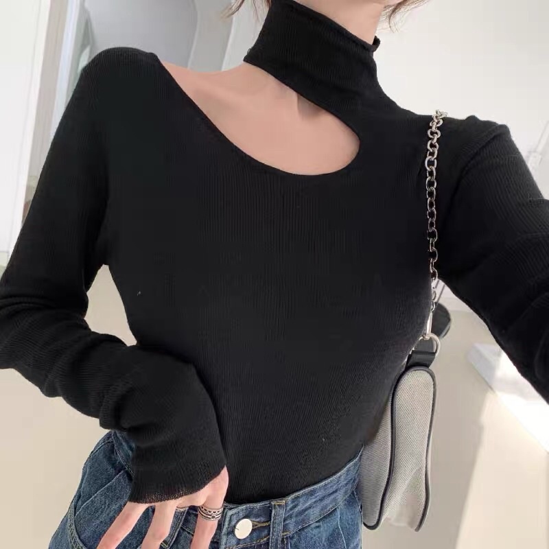 Áo kiểu thun nữ croptop tay dài phối đeo cổ cá tính
