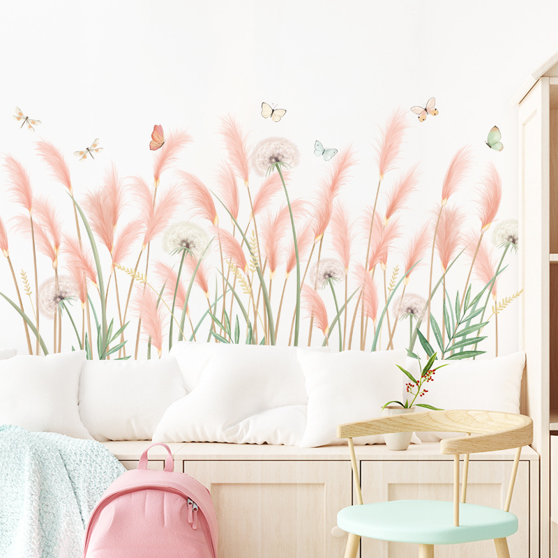 Decal dán tường chân tường cỏ lau hồng