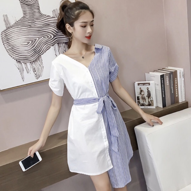 Đầm sơ mi phối sọc lệch tà