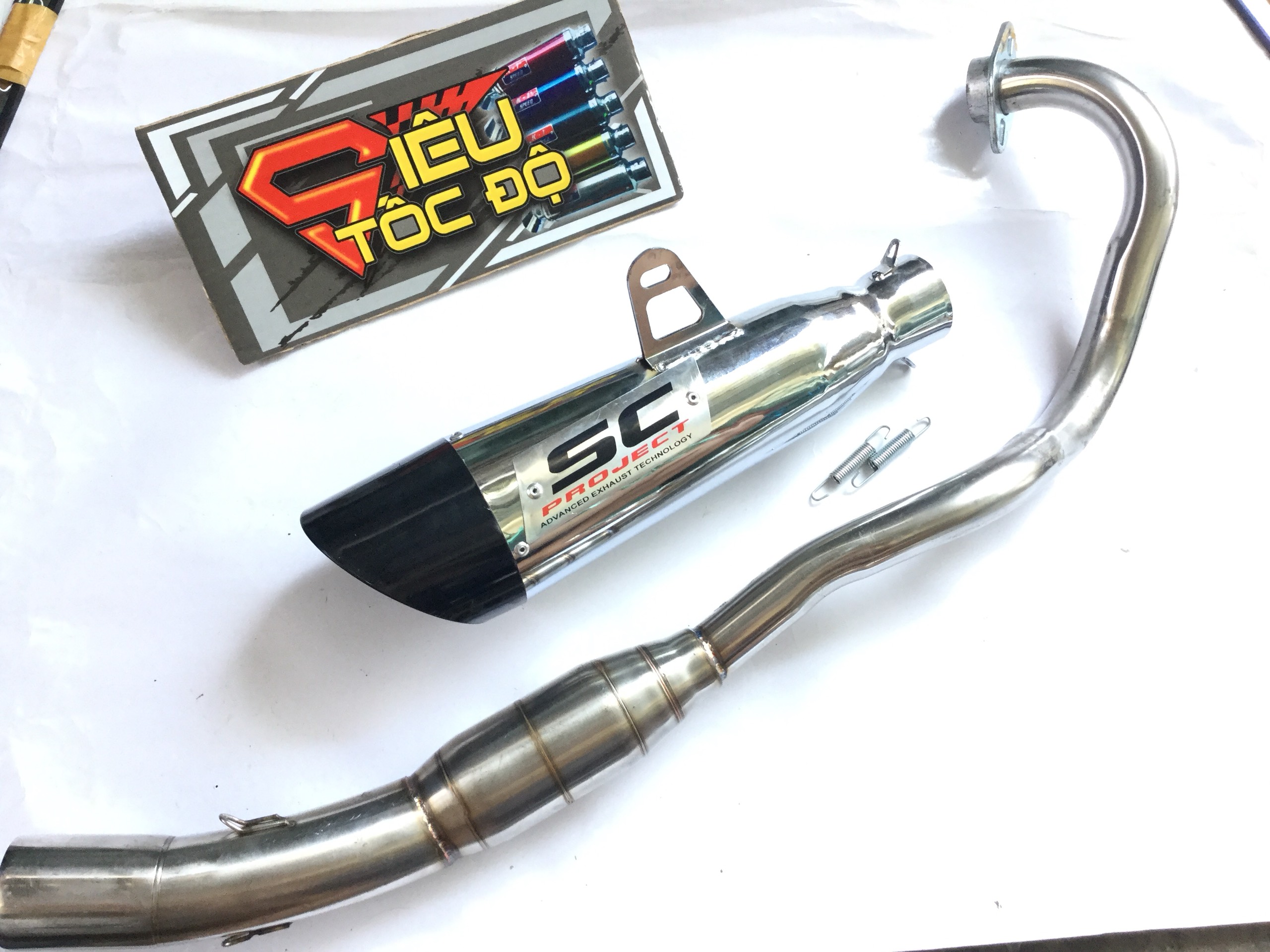 Combo pô sc xéo đuôi đen bao gồm cả cổ pô độ bầu hơi inox cho xe exciter 150.........