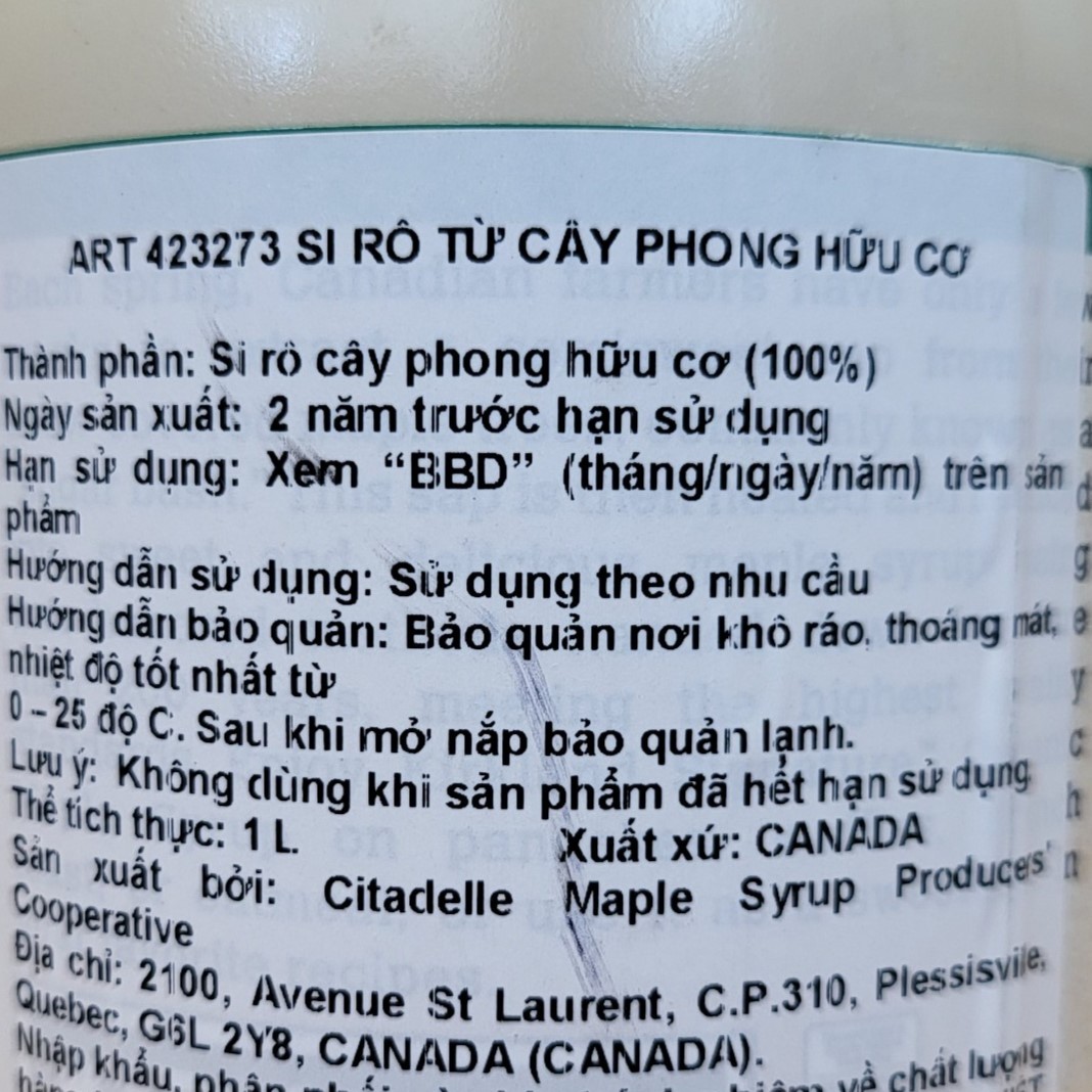 KIRKLAND (Bình 1 L) SI RÔ CÂY PHONG HỮU CƠ Organic Maple Syrup