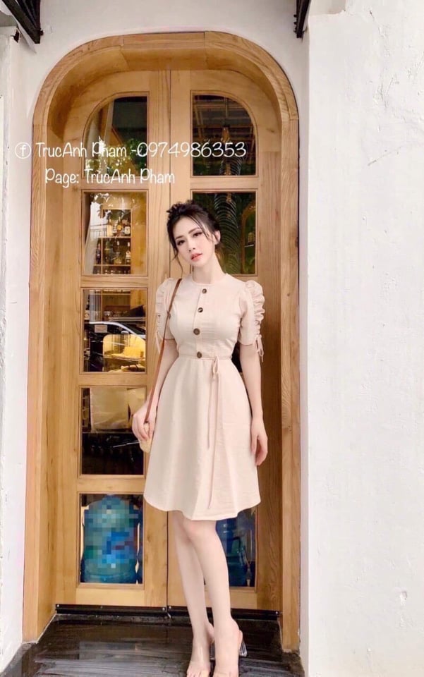 ĐẦM DÁNG SUÔNG TAY PHỒNG ĐÓNG NÚT