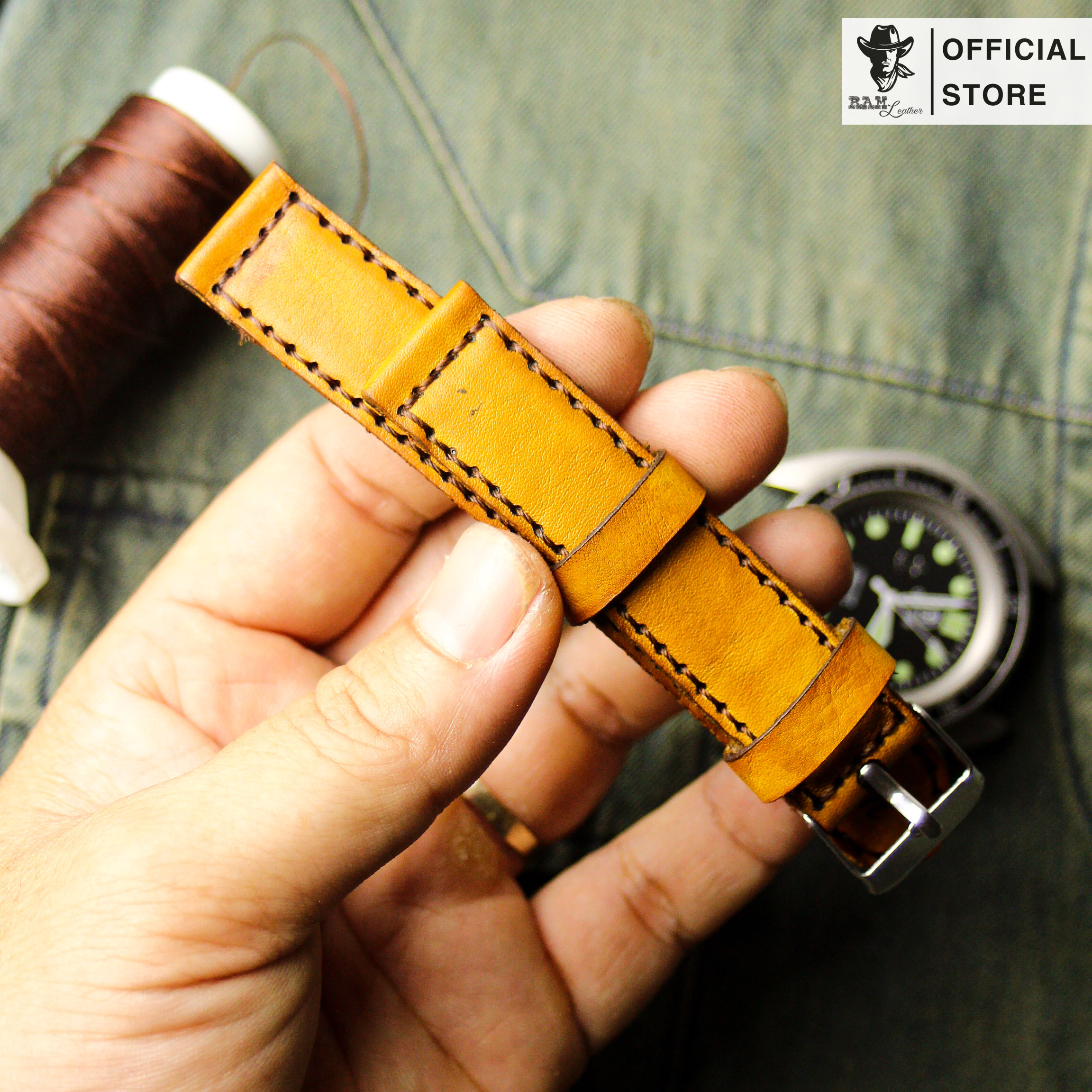 Dây da đồng hồ Siêu bền Da Bò Vegtan Ý RAM Leather Classic 1970 Vàng Hàng Chính Hãng RAM Leather