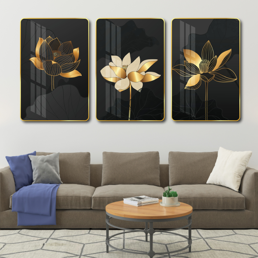 Lalashop-3 piece set large mirror lotus flower wall painting with large frame hook and loop-nice living room wall decor