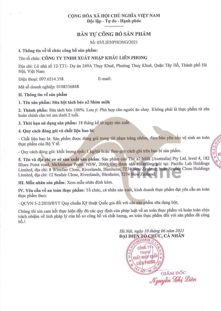 Sữa bột tách béo A2 Skim milk 1kg