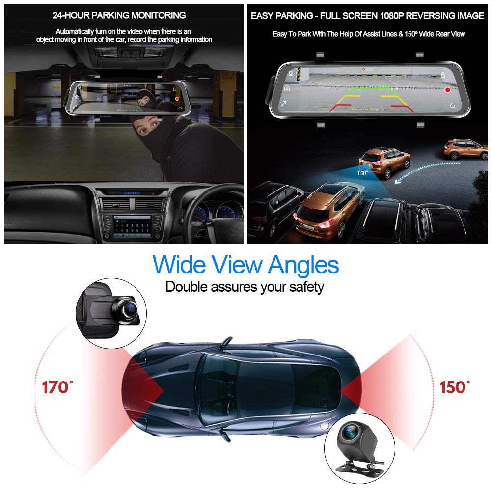 EKLEVA Gương Dash Cam Dự Phòng Camera 9.66 Full Màn Hình Cảm Ứng Dòng Truyền Thông Hai Ống Kính Full HD Camera Lùi, 1080 P 170 ° Full HD Trước 1080 P Và 140 ° Góc Rộng Full HD Camera Phía Sau-INTL