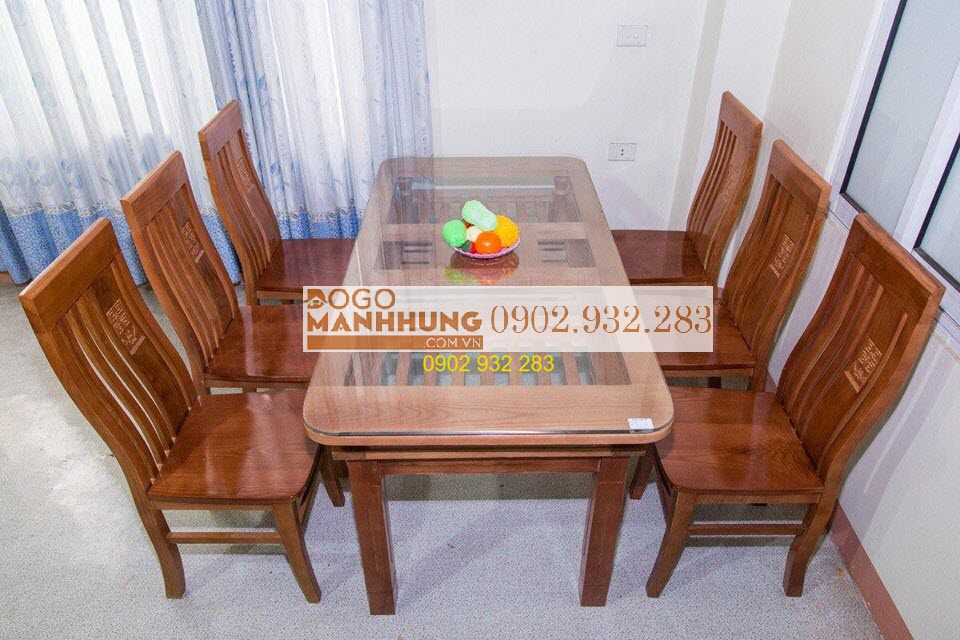 Bộ bàn ăn 6 ghế gỗ xoan đào - mẫu 2 tầng, hàng giá xưởng giao lắp đặt tại nhà