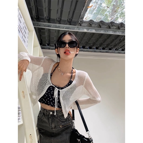 Set áo len lưới mỏng mix yếm dây hoa hot hit -Honniehouse