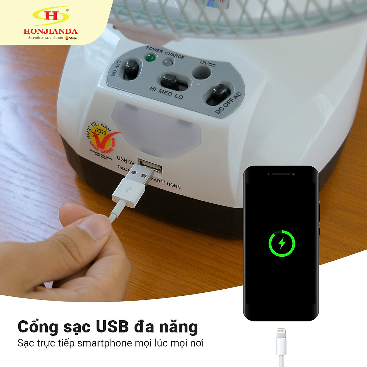 QUẠT SẠC TÍCH ĐIỆN HONJIANDA FL-301 (2 BÌNH CÓ CỔNG SẠC USB )