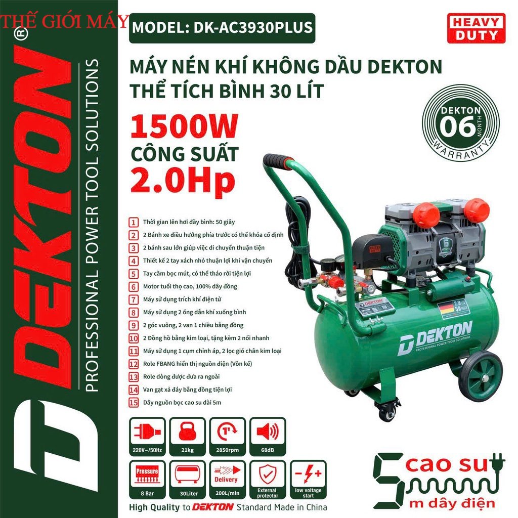 Máy nén khí không dầu dekton dk-ac3930plus / 2hp/1500w/ bình 30l - lưu lượng 200l/phút shop thế giới máy
