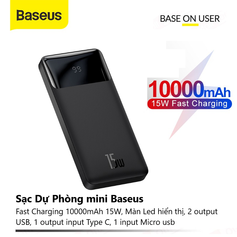 Sạc Dự Phòng mini Baseus 15W Fast Charging 10000mAh Power Bank With LED Display Portable USB PD QC Fast Charging Powerbank Charger For iPhone 12 11 Samsung Xiaomi