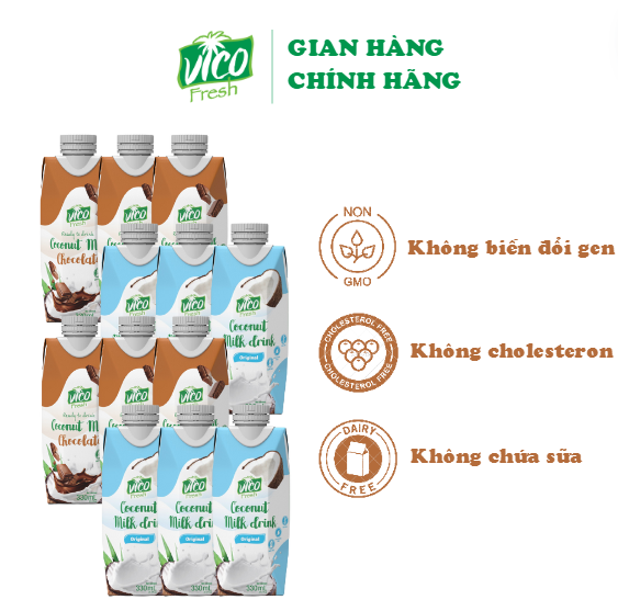 Combo 12 Sữa Dừa Vico Fresh 330ml (6 Socola, 6 Nguyên Chất)
