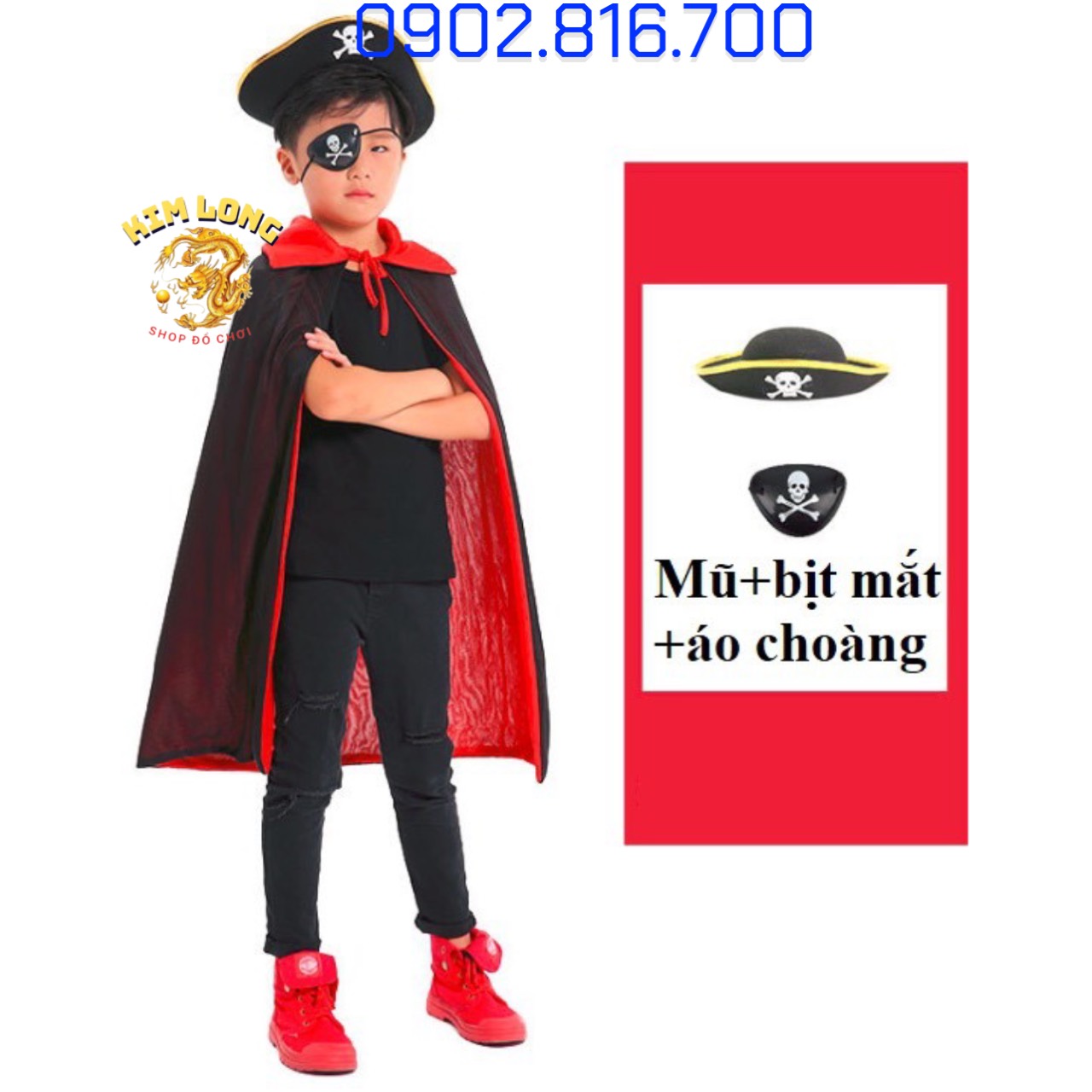 Set Áo Choàng cướp biển 2 lớp đỏ đen và nón và bịt mắt trang phục hoá trang cướp biển lễ hội Halloween