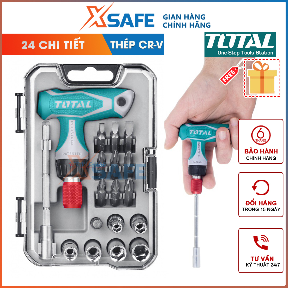 Bộ tua vít tự động 24 chi tiết TOTAL thép CR-V bộ tuốc nơ vít đa năng kèm đầu mũi vít và đầu tuýp chống gỉ sét dễ sử dụng TACSD30186