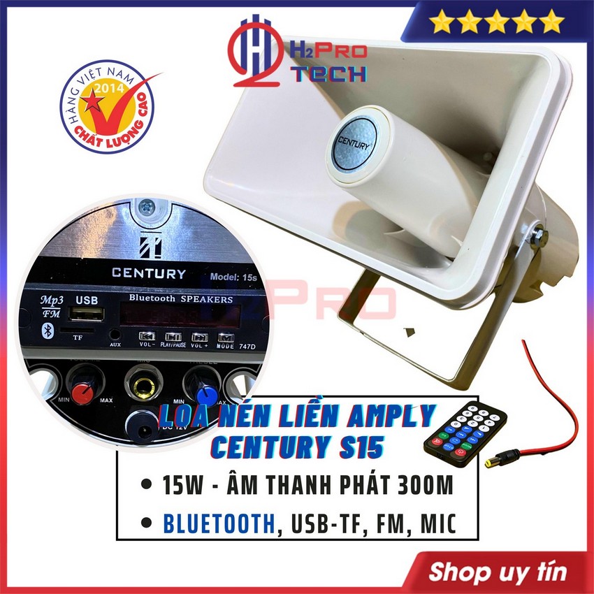 Loa Nén Liền Ampli Century 15S Công Suất Cao 15W Vang Xa 300M, 12V-Bluetooth-Usb Tiện Dụng Cho Bán Hàng Rong-H2Pro Tech
