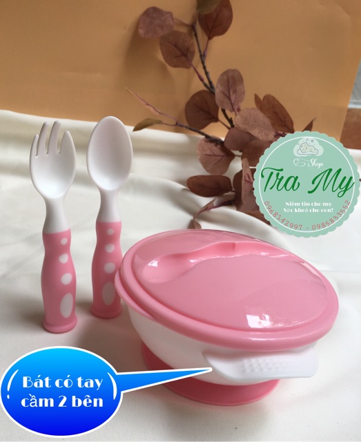 Bát ăn dặm chống đổ có nắp đậy  thìa và dĩa